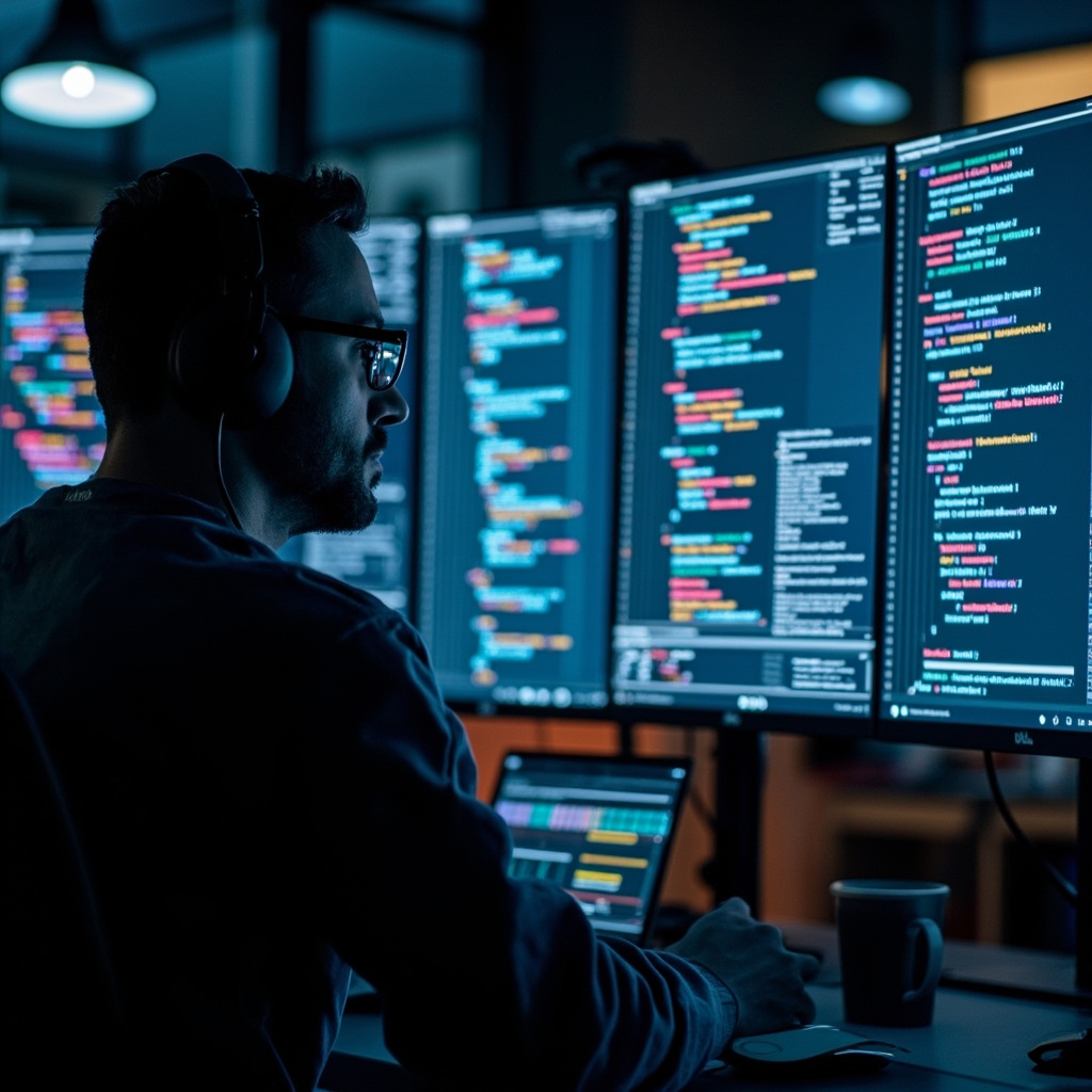 Software engineer using AI code review tools on multiple monitors