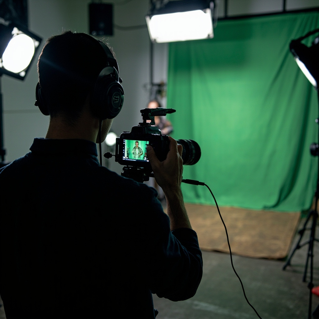 Content creator using AI-powered video effects in modern studio