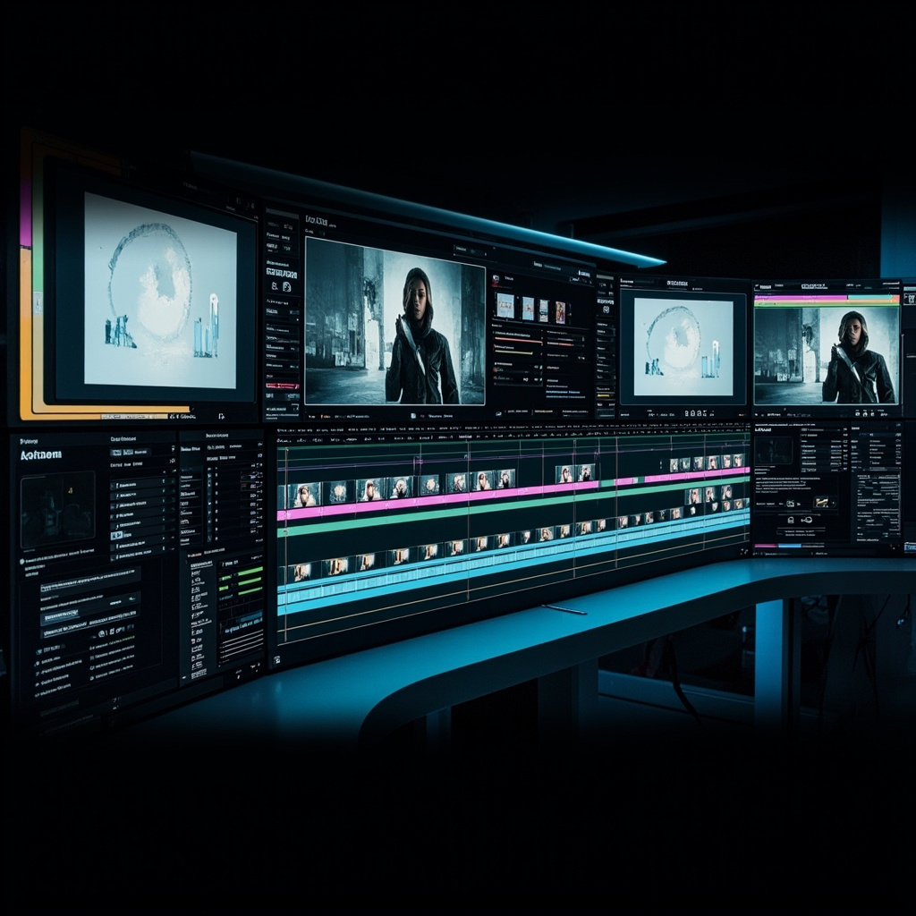 Modern AI video editing interface showing timeline panels and automated tools