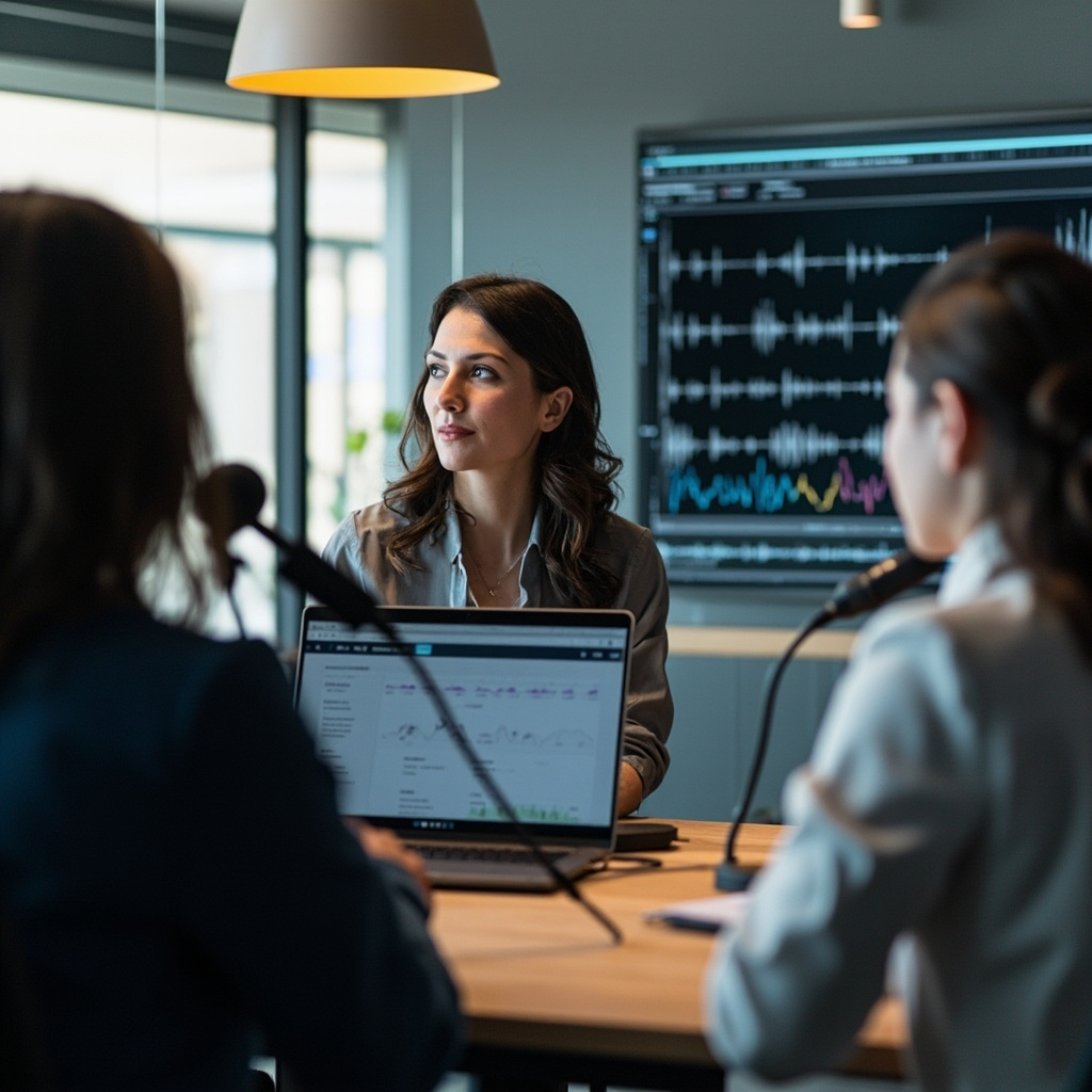 Professional business meeting with voice AI transcription tools and collaborative workspace