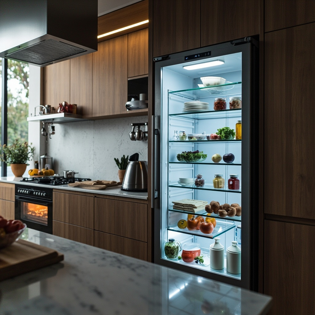Smart kitchen with AI appliances and intelligent refrigerator with touchscreen display