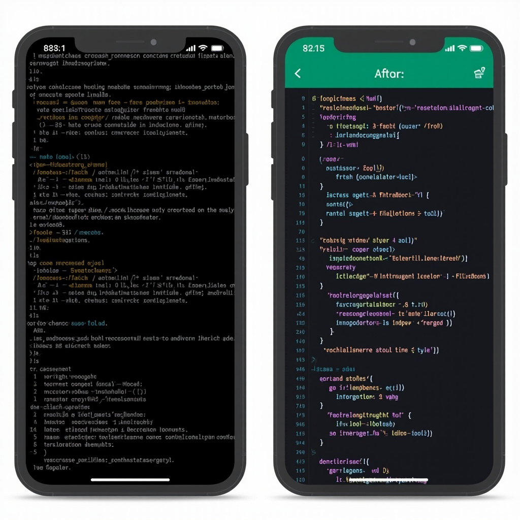 Split screen showing complex code transforming into a polished mobile app interface