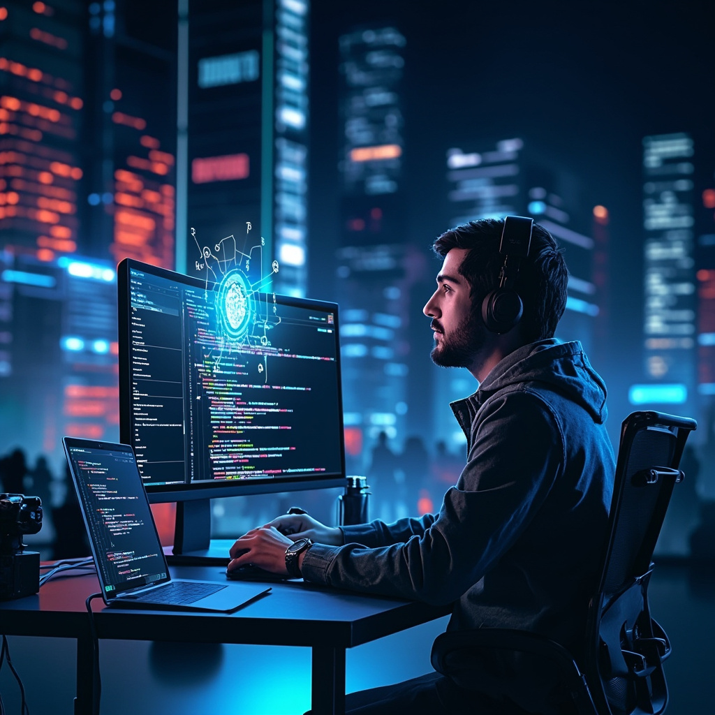 Developer working with AI coding assistant in modern workspace