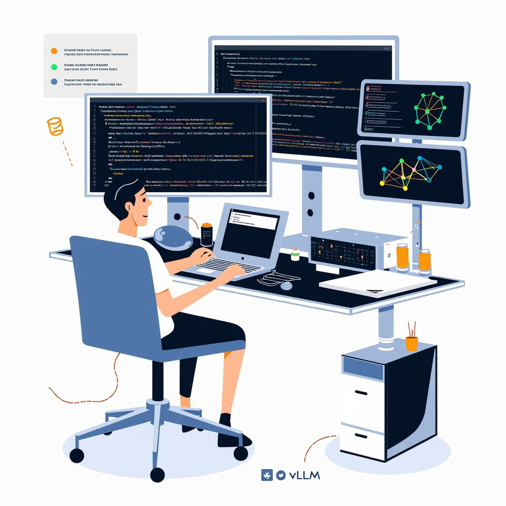 Developer workstation showing local AI model deployment with multiple screens displaying code and performance metrics