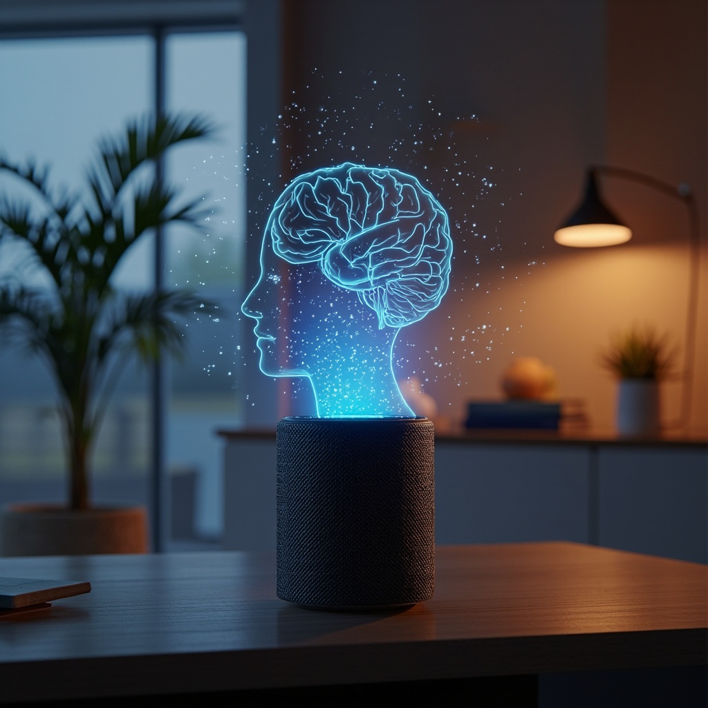 Smart speaker with holographic voice visualization and AI brain patterns floating in the air
