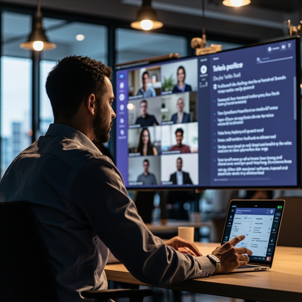 Professional using AI-powered Microsoft Teams with automated transcription and workflow suggestions