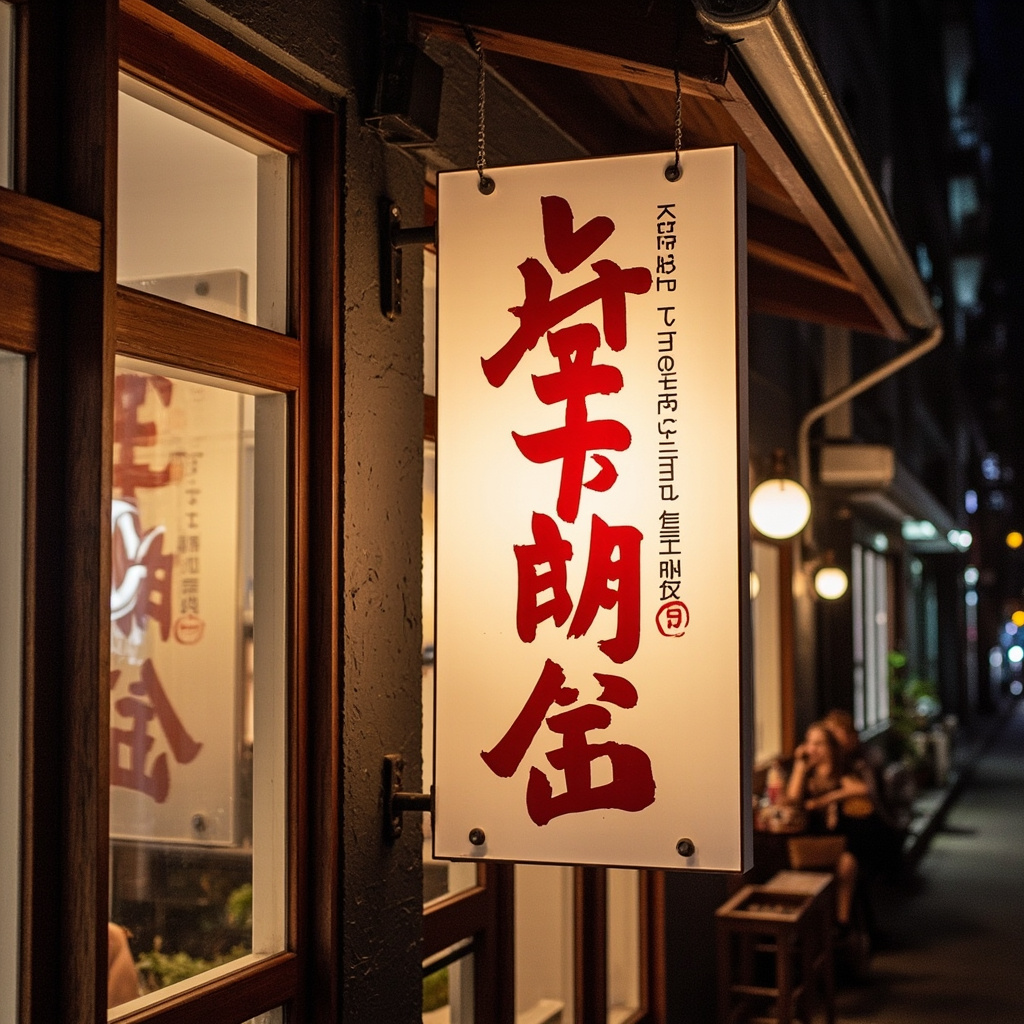 Japanese restaurant sign with AI translation overlay preserving original calligraphy