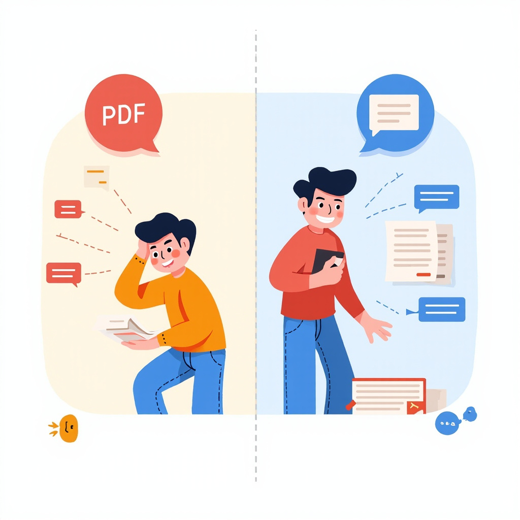 Traditional PDF reading vs AI chat interface comparison