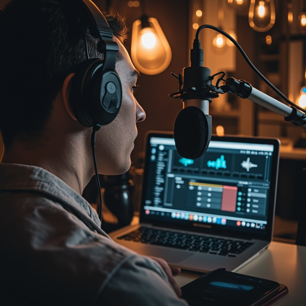 Person recording voice sample with professional microphone and laptop showing voice cloning interface