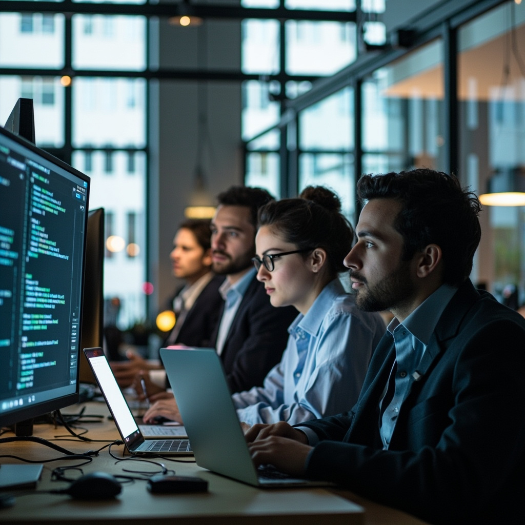 Business professionals working with AI-powered tools in a modern office environment