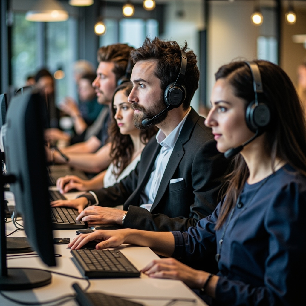 Team of office workers collaborating with AI assistants for increased productivity