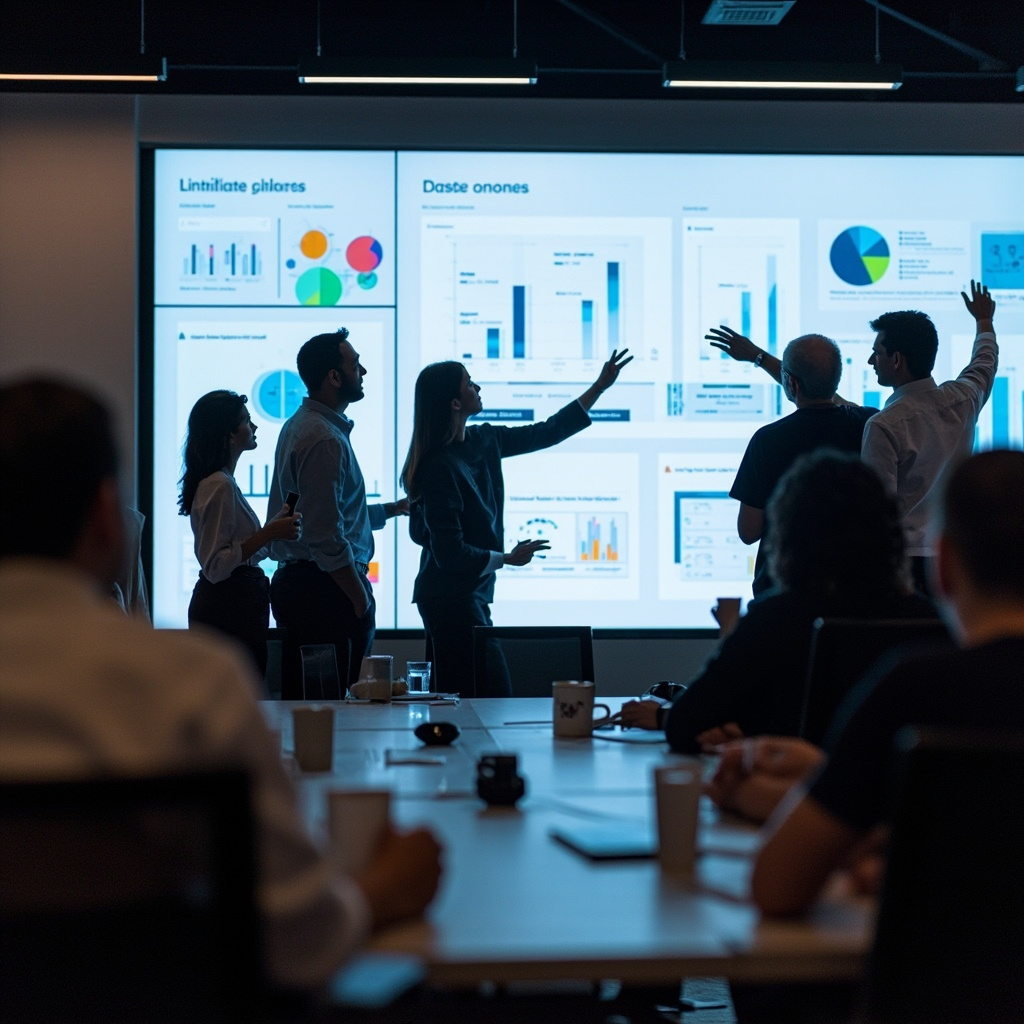 Team collaborating on AI-generated presentations