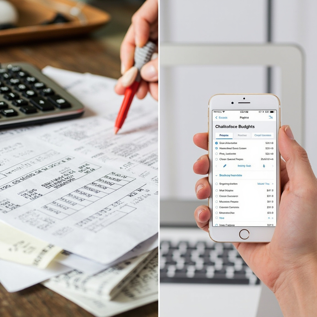 Comparison between traditional paper budgeting and modern AI apps