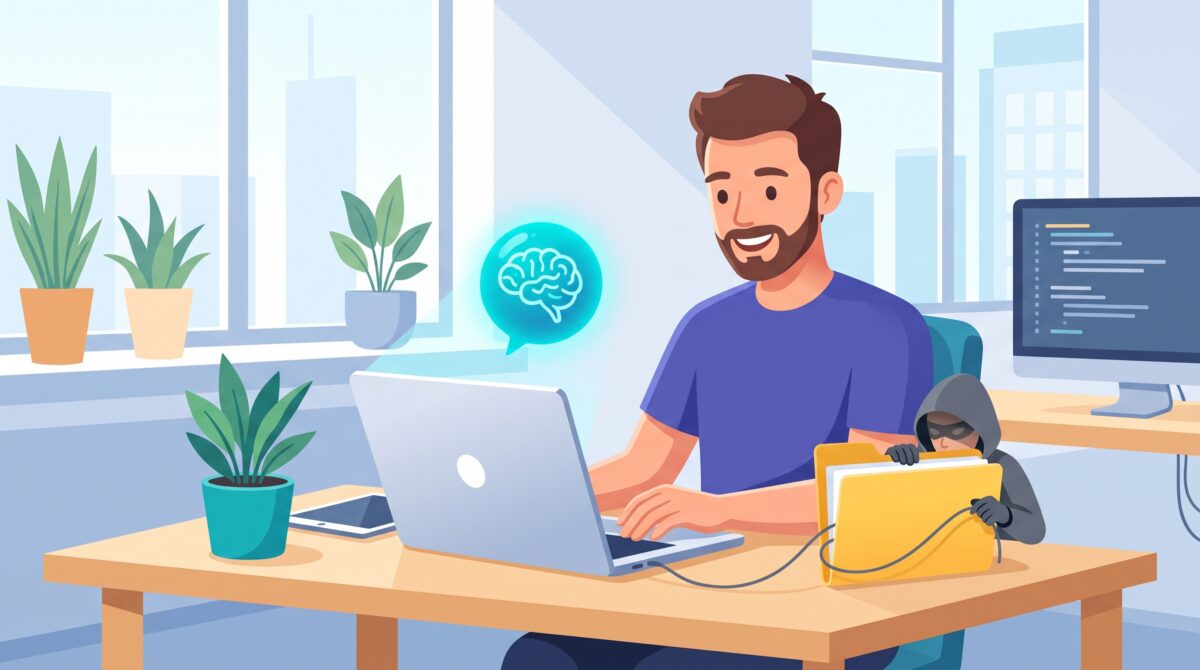 A developer using an AI assistant while a hidden figure slips a trap into a folder icon