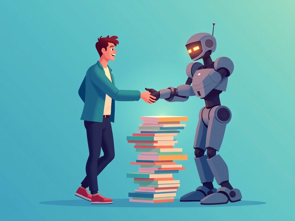 A developer accepting glowing code blocks from a robot, a few of them subtly cracked