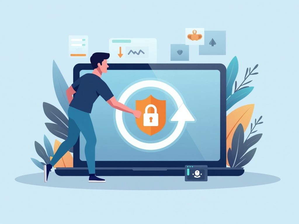 A laptop with a glowing shield and update arrow, padlocks closing around a protected workspace