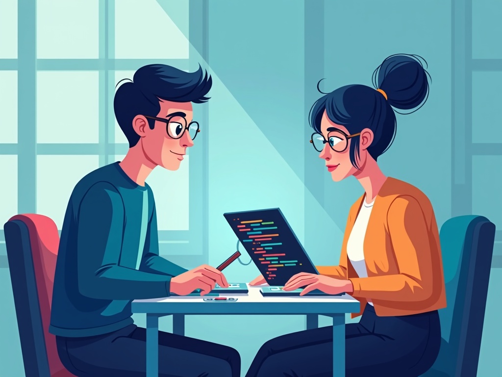 A developer reviewing glowing code with a magnifying glass beside a friendly AI assistant