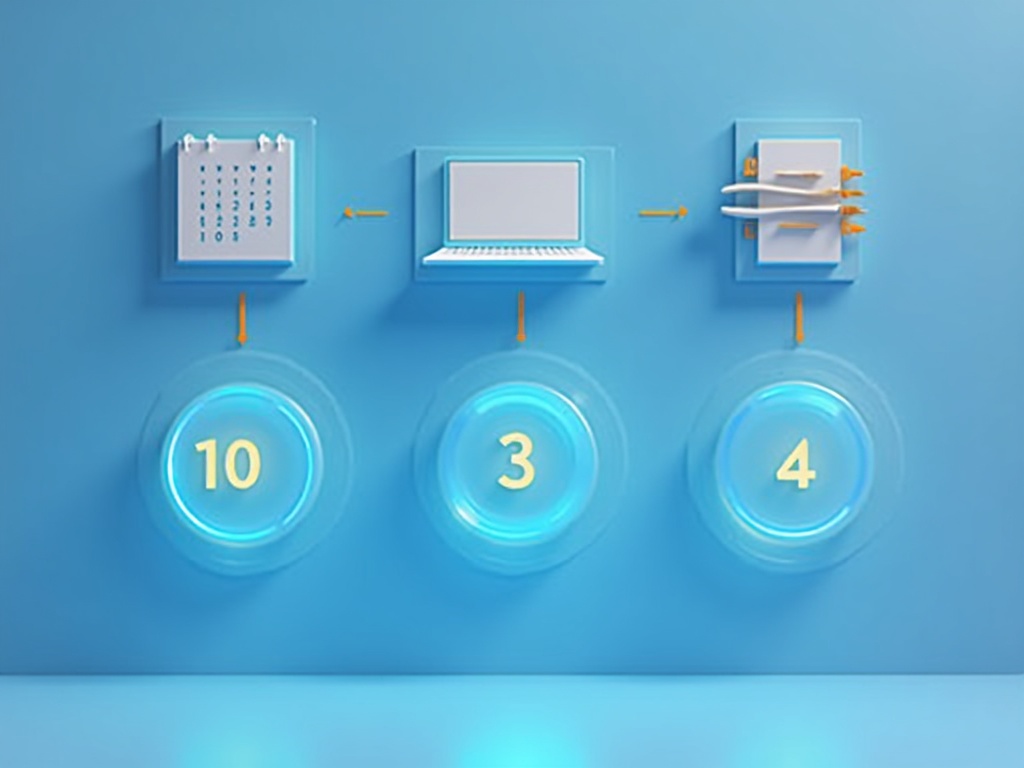 A friendly numbered step sequence flowing from a calendar to a laptop to a tidy summary card