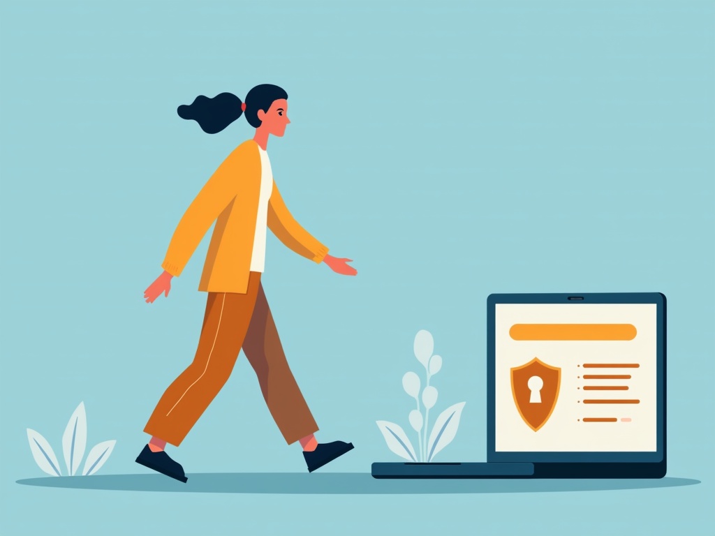 A person walks away confidently from a laptop displaying a tidy AI summary with a small privacy shield icon