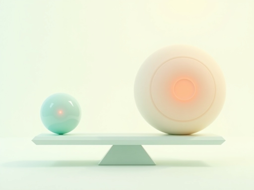A small nimble glowing orb and a large heavy glowing orb balanced on a scale