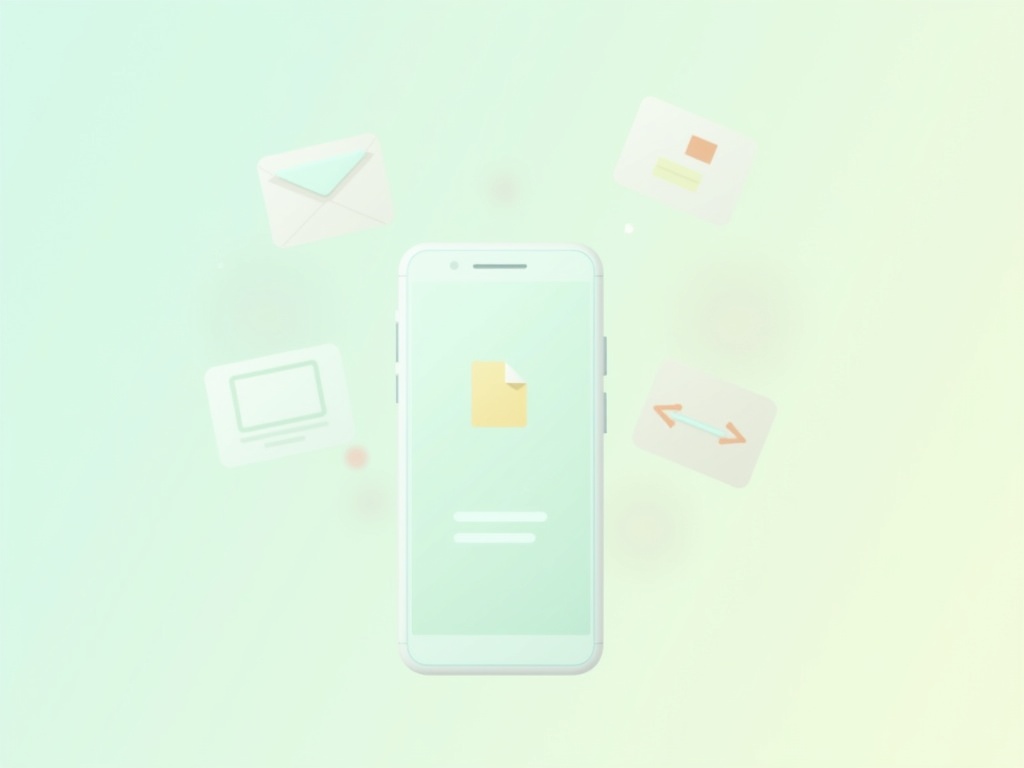 A smartphone surrounded by friendly cards representing email, summaries, code and sorting tasks