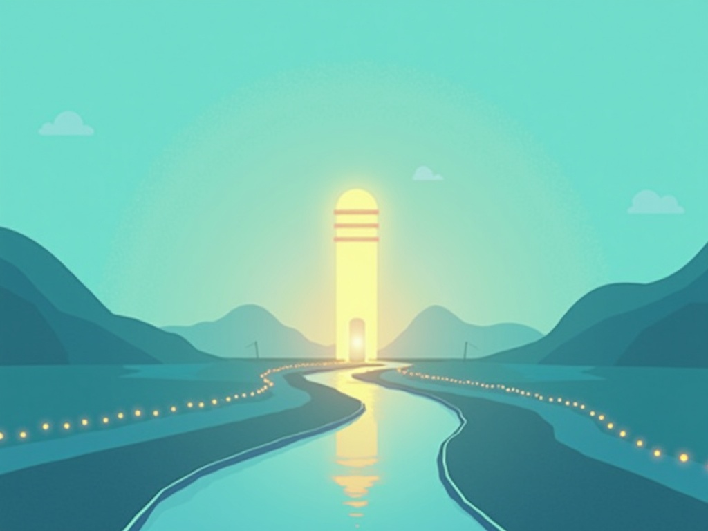 A glowing branching path where most traffic takes the fast lane and a few detour to a taller tower