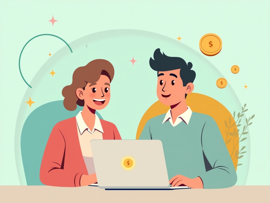 A developer and coworker collaborating over a laptop with a friendly AI assistant and subtle savings symbols