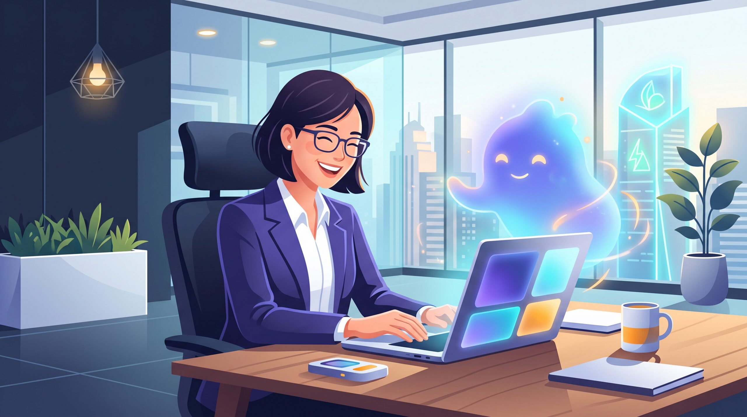 A smiling professional using an AI assistant on a laptop, surrounded by soft indigo and cyan light