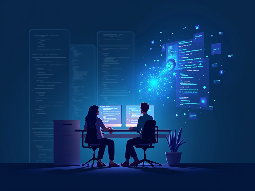 A developer collaborating with a glowing AI coding agent across two monitors