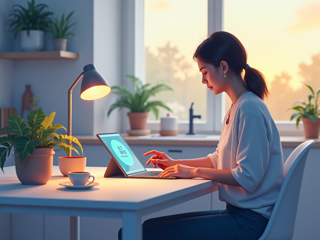 A person planning their day at a kitchen table with an AI assistant on a tablet