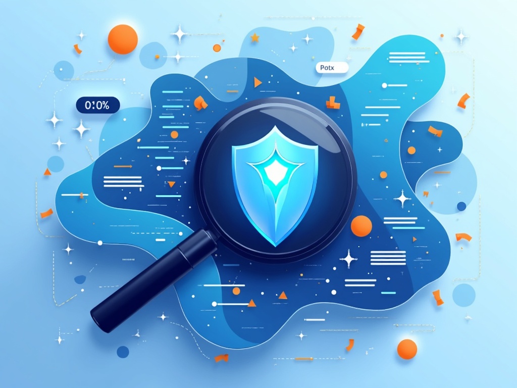 A shield and magnifier motif reviewing a stream of data blocks