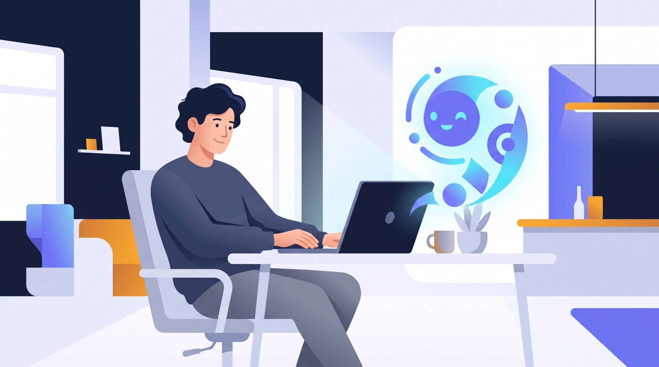 Developer at a laptop working alongside a friendly glowing AI agent companion