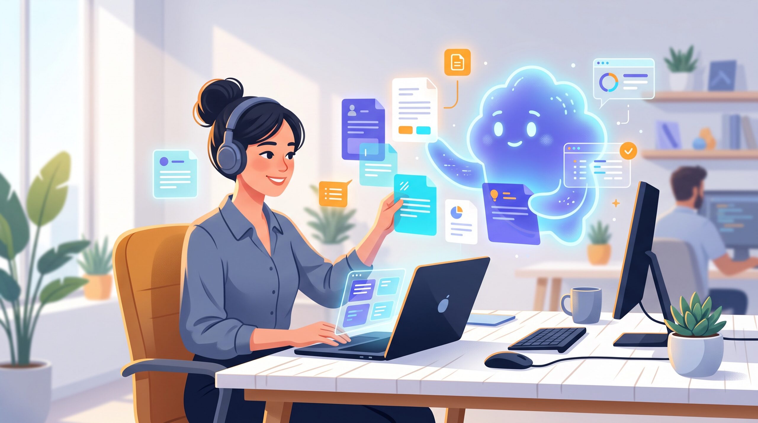 A professional working beside a glowing AI coworker that arranges floating document and note panels