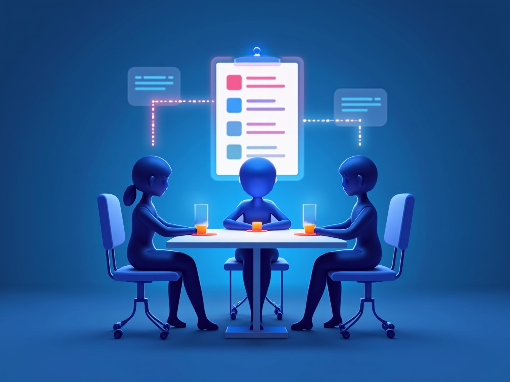 A meeting where each speaker's words flow into separate color-coded lanes of a note panel