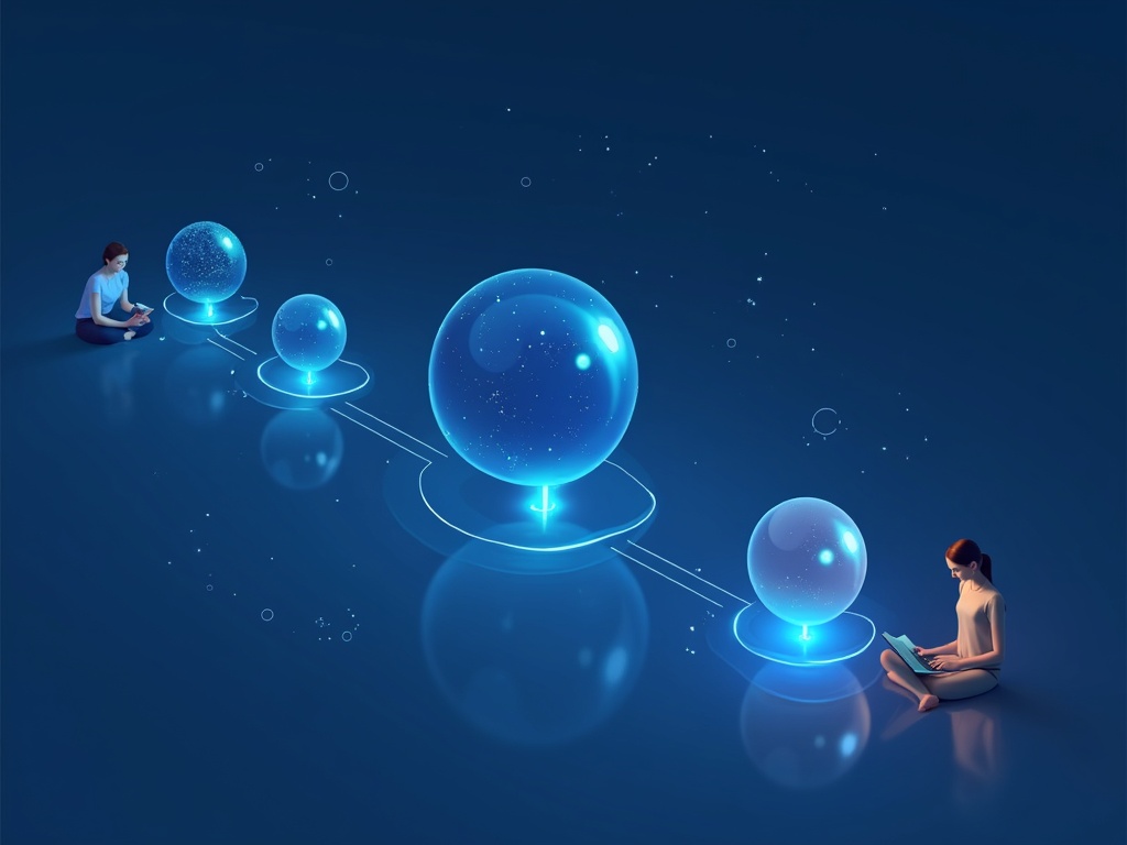 Several glowing AI agents handling different steps of a workflow while a person oversees them