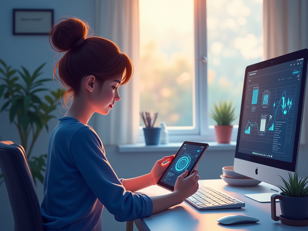 A person reviewing a connected workspace on a tablet with floating app icons and a small widget