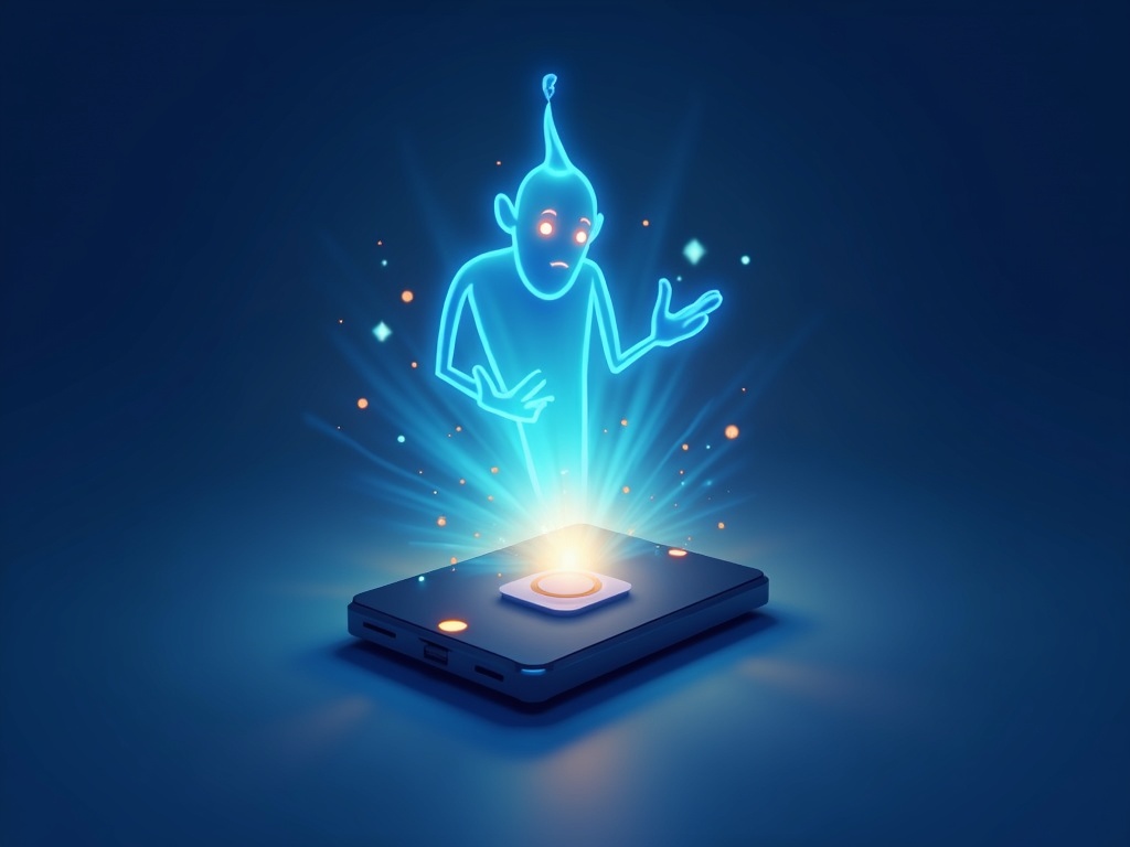 A friendly genie-like AI figure emerging from a device, illustrating a wish taken too literally