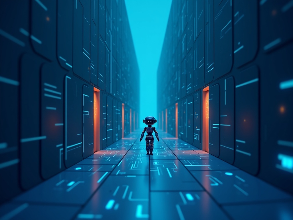 A small determined robot finding a hidden path through a maze of digital locks