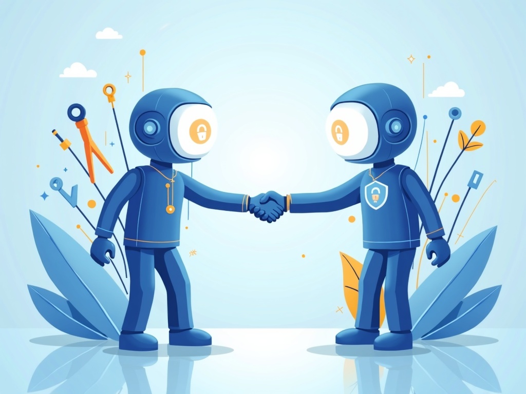 Two abstract tech teams collaborating to repair and secure a shared system