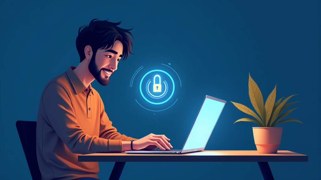 A person unlocking a laptop with a face scan and a floating passkey icon