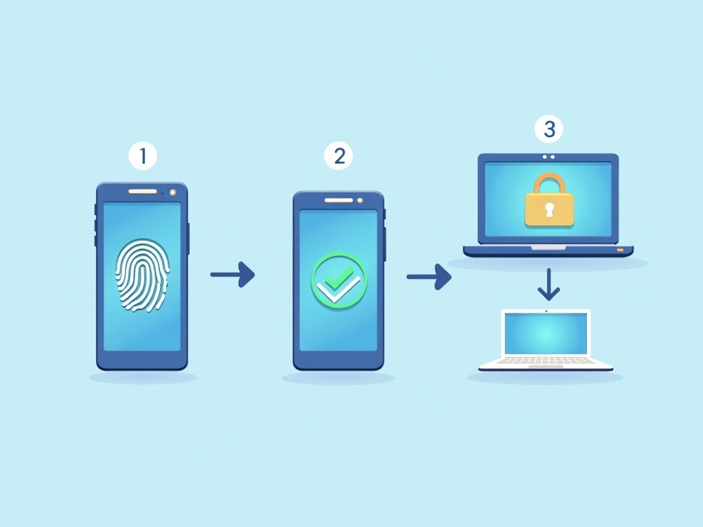 A simple three-step flow of registering a passkey on a phone and syncing to a laptop
