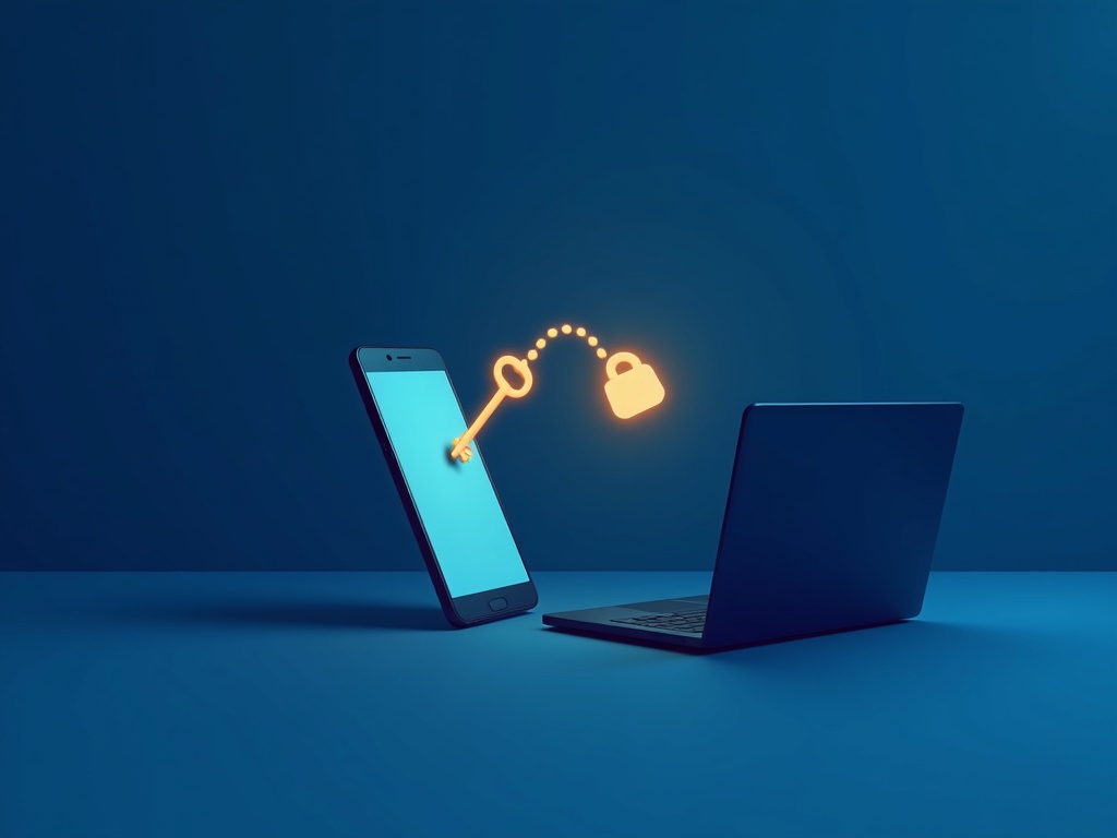 A phone and laptop each holding a passkey, showing a primary and backup device