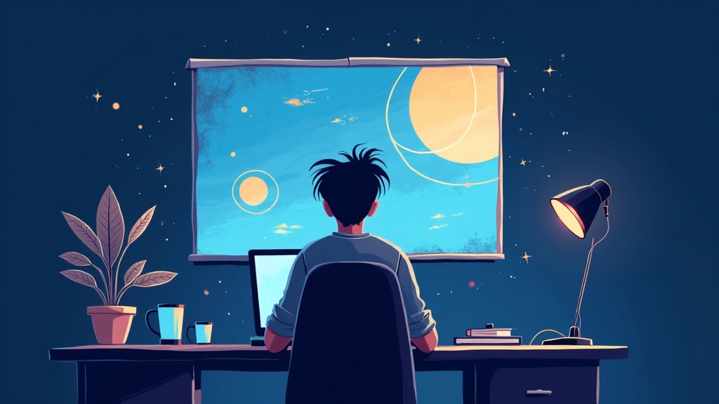 A person generating an image on a laptop, illustrated in a bright modern style