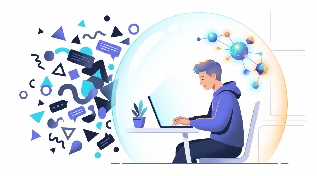 A person working calmly inside a glowing protective bubble that holds back a swirl of chaotic meeting notifications