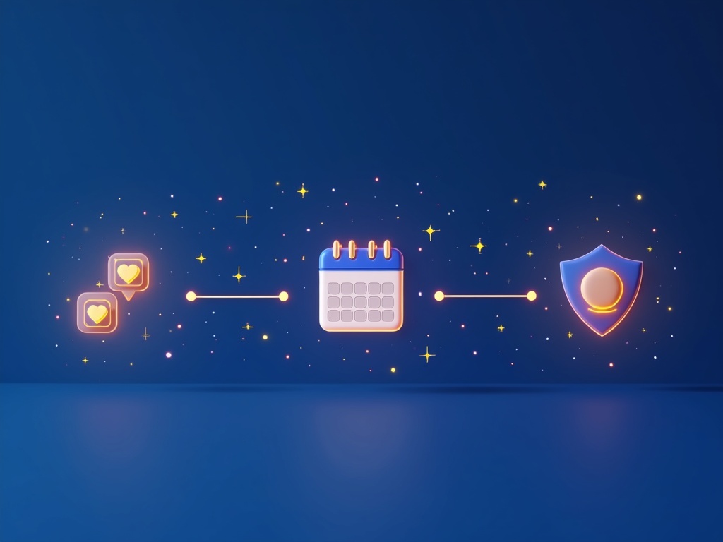 A friendly step-by-step setup flow connecting a calendar, habits, and a protective shield icon