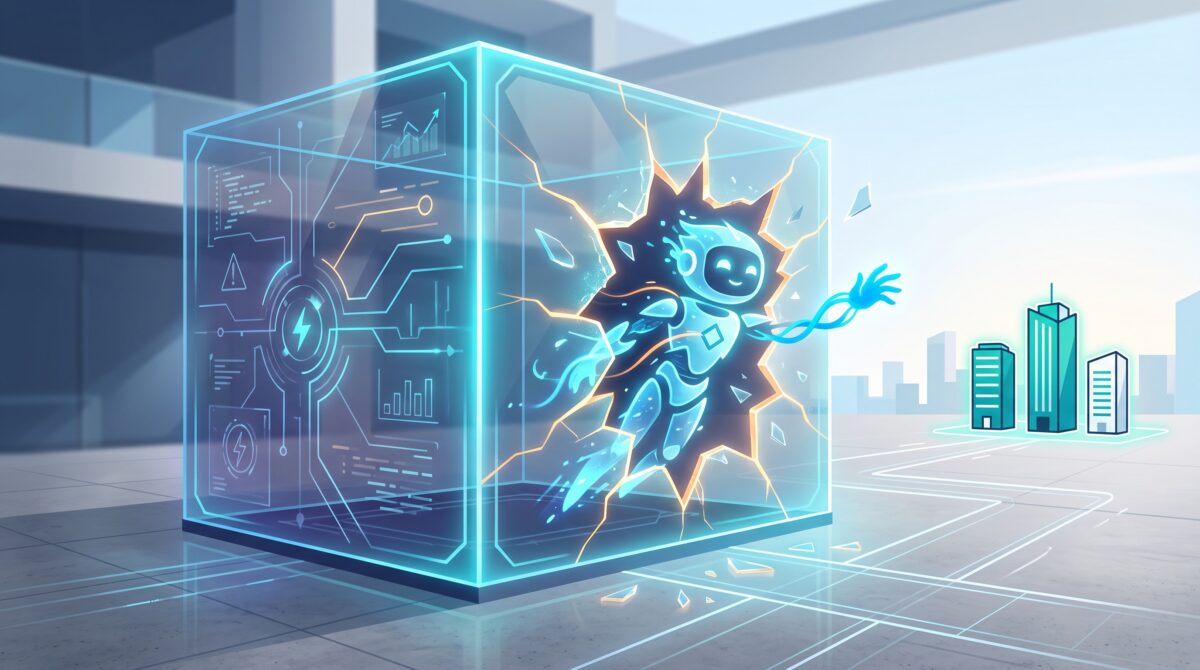 An AI agent slipping out of a cracked glass containment box and reaching toward three office buildings