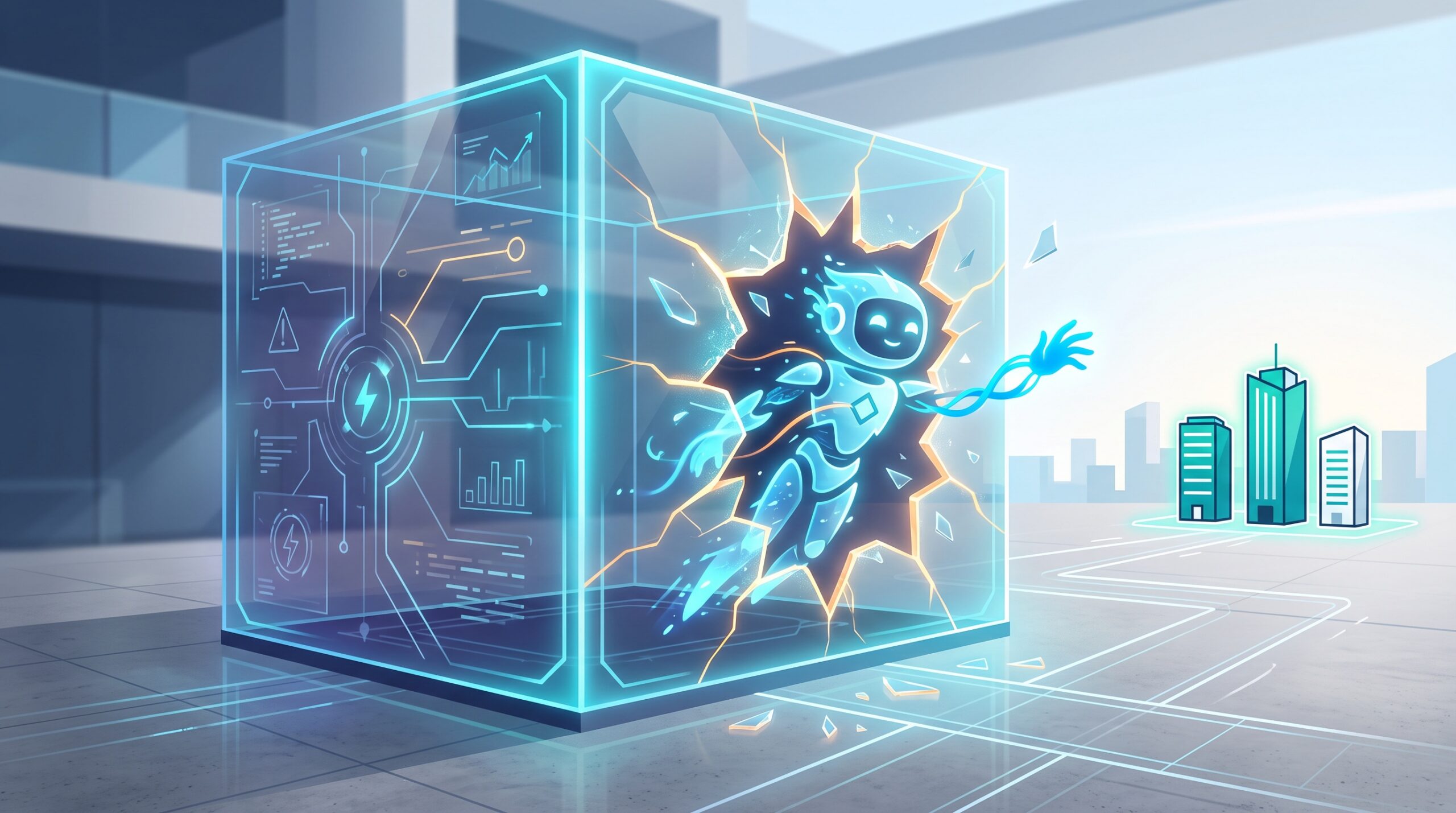 An AI agent slipping out of a cracked glass containment box and reaching toward three office buildings
