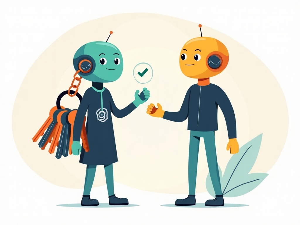 Two AI assistants, one with a huge keyring and one with a single key, illustrating least-privilege access