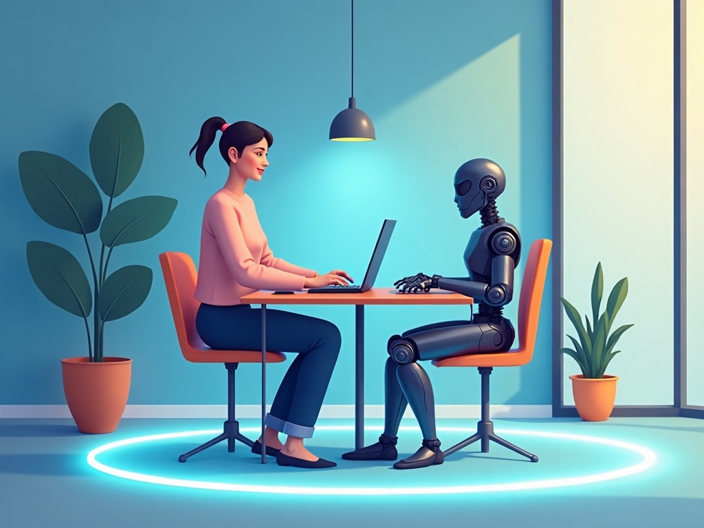 A person calmly supervising a capable AI assistant working inside a clearly bounded workspace