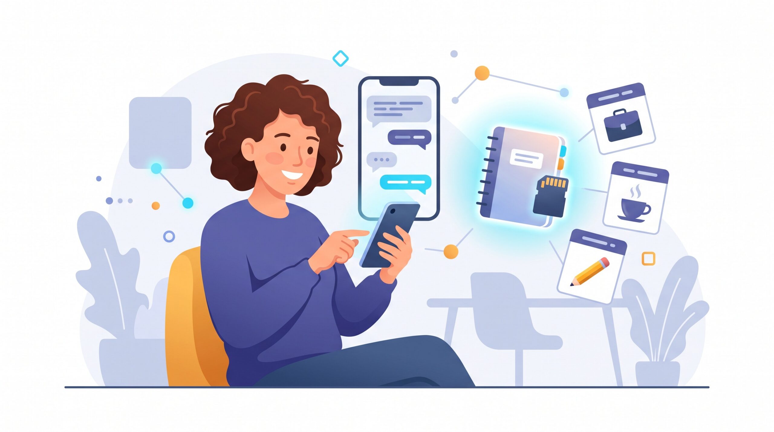 A person chatting with an AI assistant that keeps a small glowing memory of facts about them